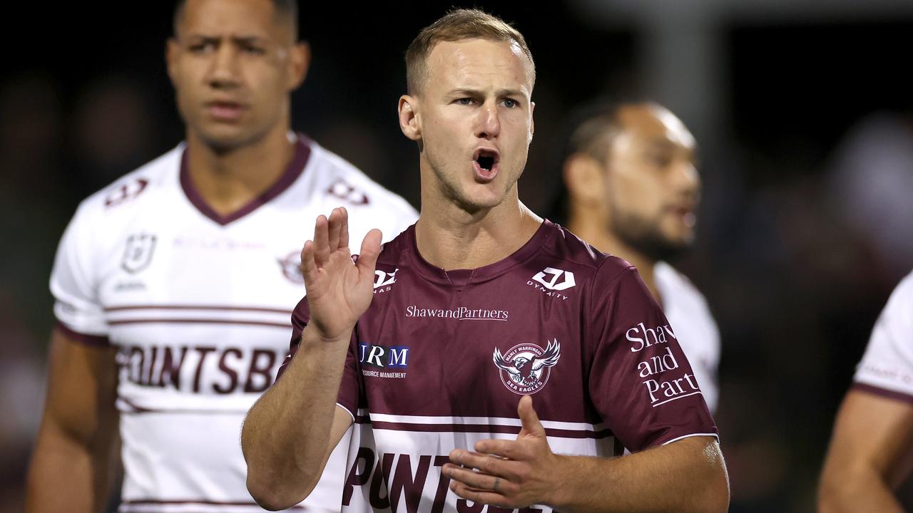 PENRITH, AUSTRALIA - MARCH 10: Daly Cherry-Evans of the Sea Eagles warms up before the round one NRL match between the Penrith Panthers and the Manly Sea Eagles at BlueBet Stadium on March 10, 2022, in Penrith, Australia. (Photo by Cameron Spencer/Getty Images)