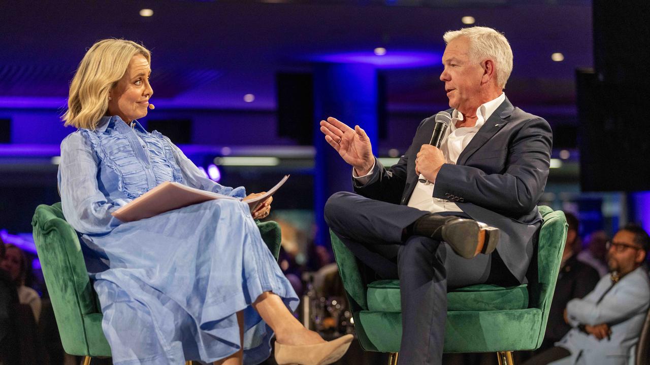 Jessica Adamson interviewing Grant Stevens at Breakthrough Mental Health Foundation’s Men’s Meals and Mental Health Dinner at Adelaide Oval on Thursday night. Picture: Kelly Barnes