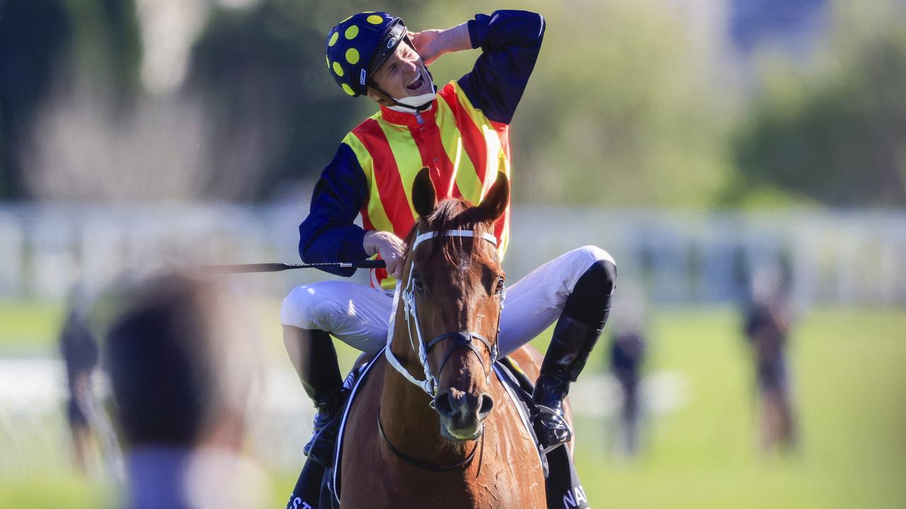 SYDNEY, AUSTRALIA - OCTOBER 16: James McDonald on Nature Strip reacts after winning race 7 The Tab Everest during Everest Day at Royal Randwick Racecourse on October 16, 2021 in Sydney, Australia. (Photo by Mark Evans/Getty Images)