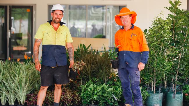 Project Landscaping owner Troy David (right) with tradie Sean Nelson. Picture: Glenn Campbell