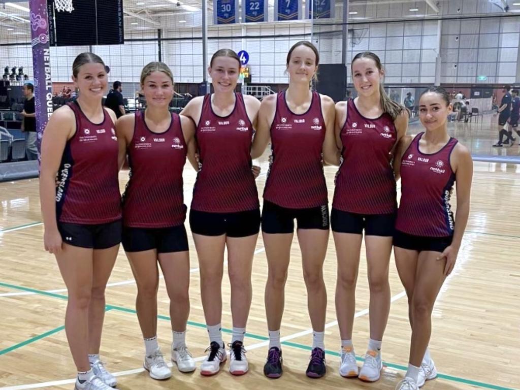 Bond University netballers (left to right) Elks Macaulay, Joesi Gisinger, Tehya Hyssett, Kaylin Van Greunen, Abby Boland, and Dakota Newson. Picture: Bond University