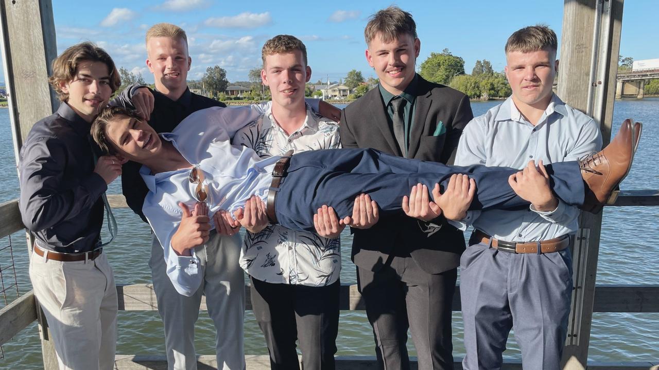 Yer, the boys. Max Thompson, Jai Wassens, Blake Spear, Kye Garzoli and Tommy Martin. Year 12 Macksville High School formal on the banks of the Nambucca River, November 10, 2022. Picture: Chris Knight