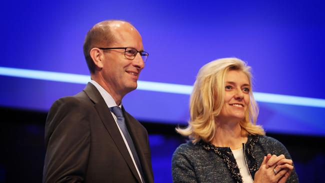 11/5/17: AMP Ceo Craig Meller and chairman Catherine Brenner at the AMP annual meeting at Sydney Town Hall. John Feder/The Australian