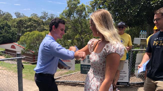 Bonney MP Sam O'Connor social distancing at a polling booth on the Gold Coast.