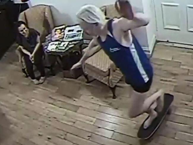 Bizarre footage has emerged of Wikileaks founder Julian Assange fooling around on a skateboard inside the Ecuadorean Embassy. Picture: El Pais