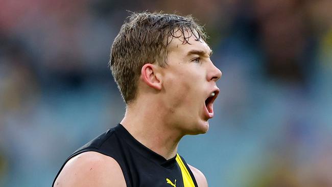 MELBOURNE - APRIL 08: Tom Lynch of the Tigers celebrates a goal during the 2023 AFL Round 04 match between the Richmond Tigers and the Western Bulldogs at the Melbourne Cricket Ground on April 8, 2023 in Melbourne, Australia. (Photo by Dylan Burns/AFL Photos via Getty Images)