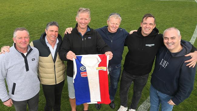 East Ballarat premiership players Scott O'Donohue, Terry Simpson, Matt Steven, Tony Evans, Peter Jacks and Jim O'Connell. Picture Yuri Kouzmin