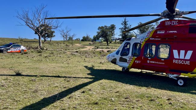 The Westpac Rescue Helicopter attending to a farm accident at Tenterfield on Sunday October 6.