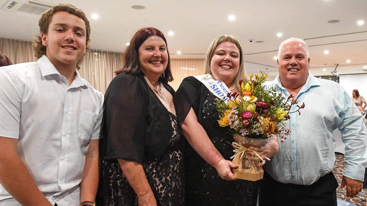 North Coast National 2022 Showgirl winner Tara Coles with her mum, Marilyn, dad John, and brother Jake at the East Lismore Bowling Club. Picture: Cath Piltz