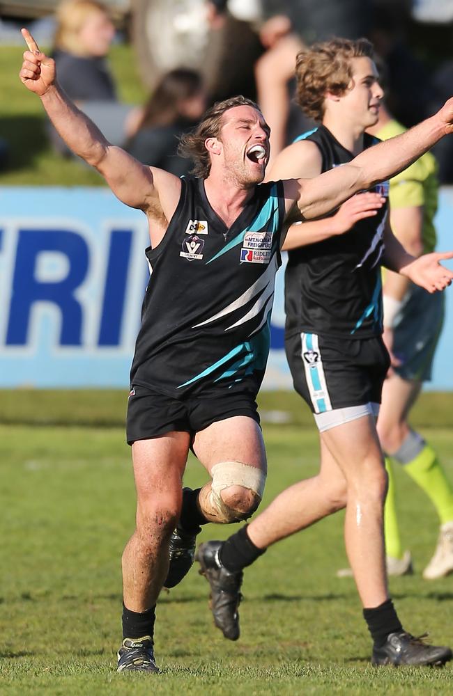 Joseph Conheady of Kolora-Noorat celebrates a goal in his team’s 2017 premiership. Picture: Yuri Kouzmin