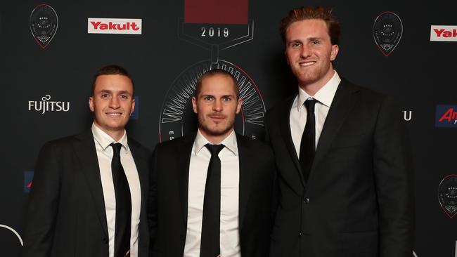 Orazio Fantasia, David Zaharakis and James Stewart on the red carpet during Essendon’s Crichton Medal ceremony on Tuesday night. Picture: AAP Image/David Crosling