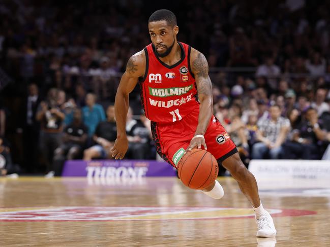 SYDNEY, AUSTRALIA - FEBRUARY 02: Bryce Cotton of the Wildcats drives to the basket during the round 19 NBL match between Sydney Kings and Perth Wildcats at Qudos Bank Arena, on February 02, 2025, in Sydney, Australia. (Photo by Darrian Traynor/Getty Images)