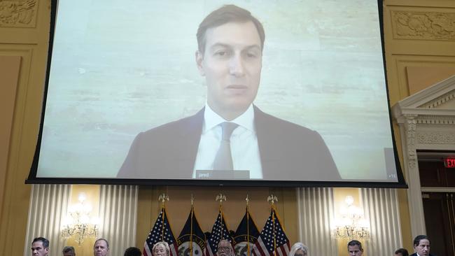 Former President Donald Trump's son-in-law Jared Kushner is seen on a screen during a hearing by the Select Committee to Investigate the January 6th Attack on the US Capitol. Picture: Getty Images