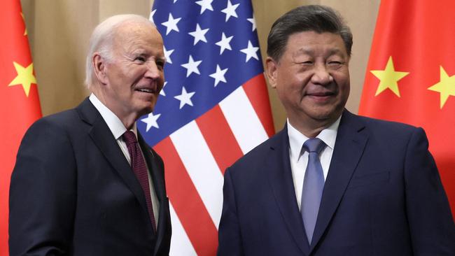 US President Joe Biden speaks with Chinese President Xi Jinping on the sidelines of the APEC summit in Lima, Peru, on November 16. Picture: Pool/AFP