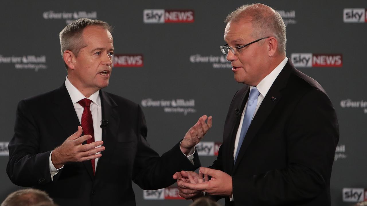 Leader of the Opposition Bill Shorten and Prime Minister Scott Morrison during the Sky News/Courier-Mail People's Forum debate in Brisbane tonight. Picture: Kym Smith/News Corp Australia