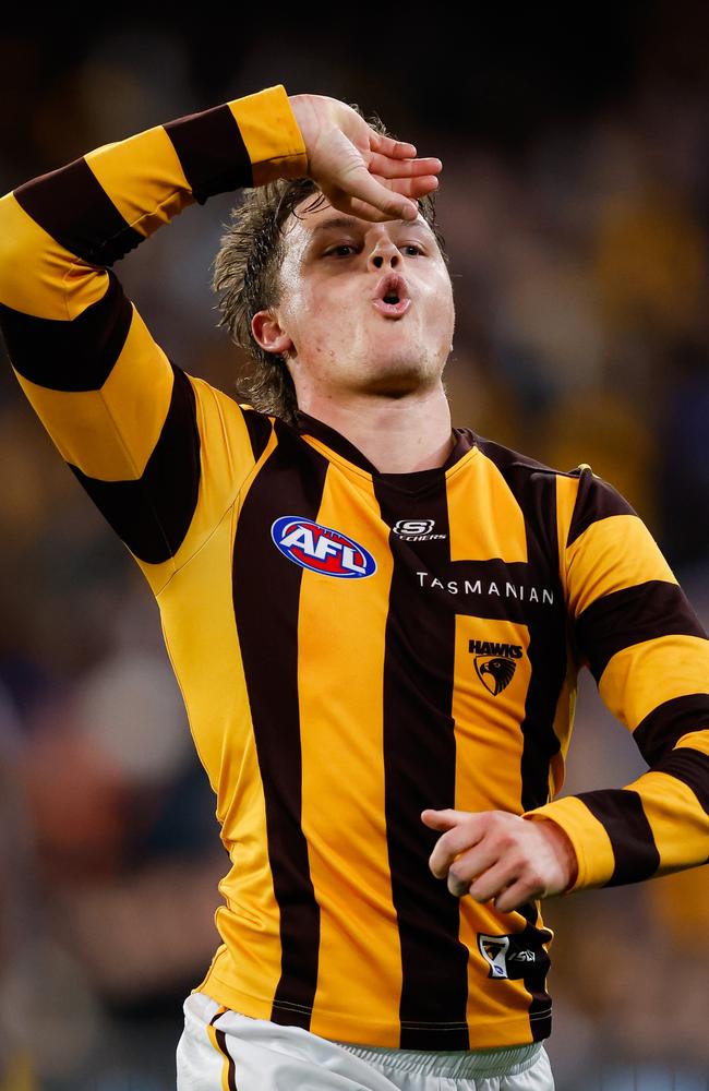 Jack Ginnivan celebrates his final-quarter goal against the Bulldogs. Picture: Dylan Burns/AFL Photos