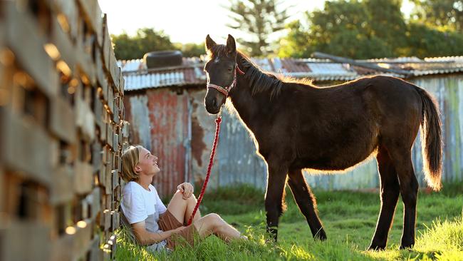 Errol Bousfield, 19, with Zander the Mt Kosciuszko brumby, at Warriewood. Picture: Troy Snook