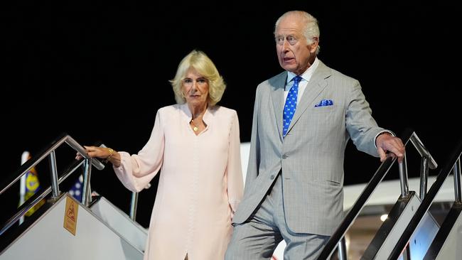 APIA, SAMOA - OCTOBER 23: King Charles III and Queen Camilla arrive at Faleolo International Airport in Samoa to attend the Commonwealth Heads of Government Meeting on October 23, 2024 near Apia, Samoa. The King's visit to Australia is his first as monarch, and the Commonwealth Heads of Government Meeting (CHOGM) in Samoa will be his first as head of the Commonwealth. (Photo by Aaron Chown - Pool/Getty Images)