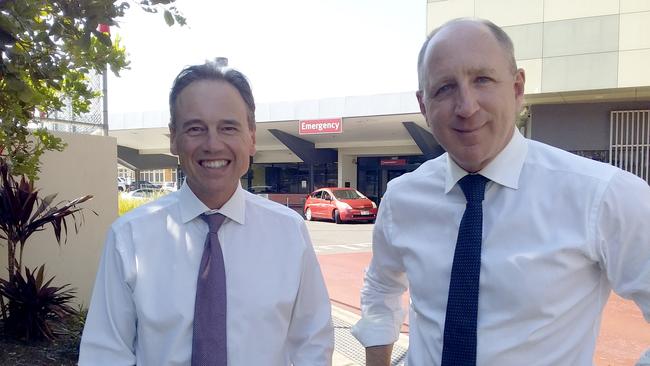 Federal LNP Health Minister Greg Hunt with Member for Petrie Luke Howarth at Redcliffe Hospital to announce the approval of an MRI licence. Picture: Alan Quinney