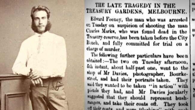 Charles Marks pictured on the day he died (picture: State Library of Victoria) and an 1872 newspaper article about the shooting. Picture: Trove