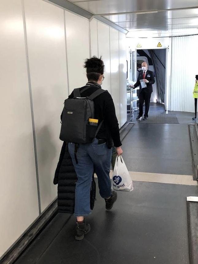 A passenger boarding the mercy flight from London to Melbourne. Picture: Supplied