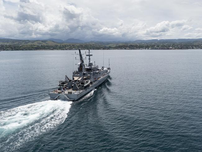 HMAS Armidale sails into the Port of Honiara in 2021. The Solomon Islands has suspended entry to foreign vessels after criticism for denying port to US and UK ships. Picture: Getty