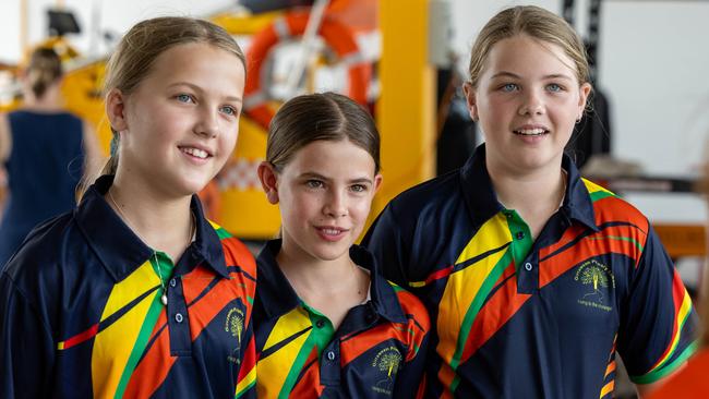 Layla O'Neil, Bree Skahill and Ally Lambert as Girraween Primary School students tour the NTES Palmerston Volunteer Unit, meeting Paddy the Platypus and testing out the emergency sirens. Picture: Pema Tamang Pakhrin