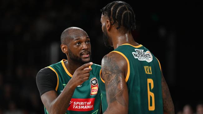 HOBART, AUSTRALIA - NOVEMBER 05: Milton Doyle and Rashard Kelly of the Jackjumpers in action during the round six NBL match between Tasmania Jackjumpers and Brisbane Bullets at MyState Bank Arena, on November 05, 2022, in Hobart, Australia. (Photo by Steve Bell/Getty Images)