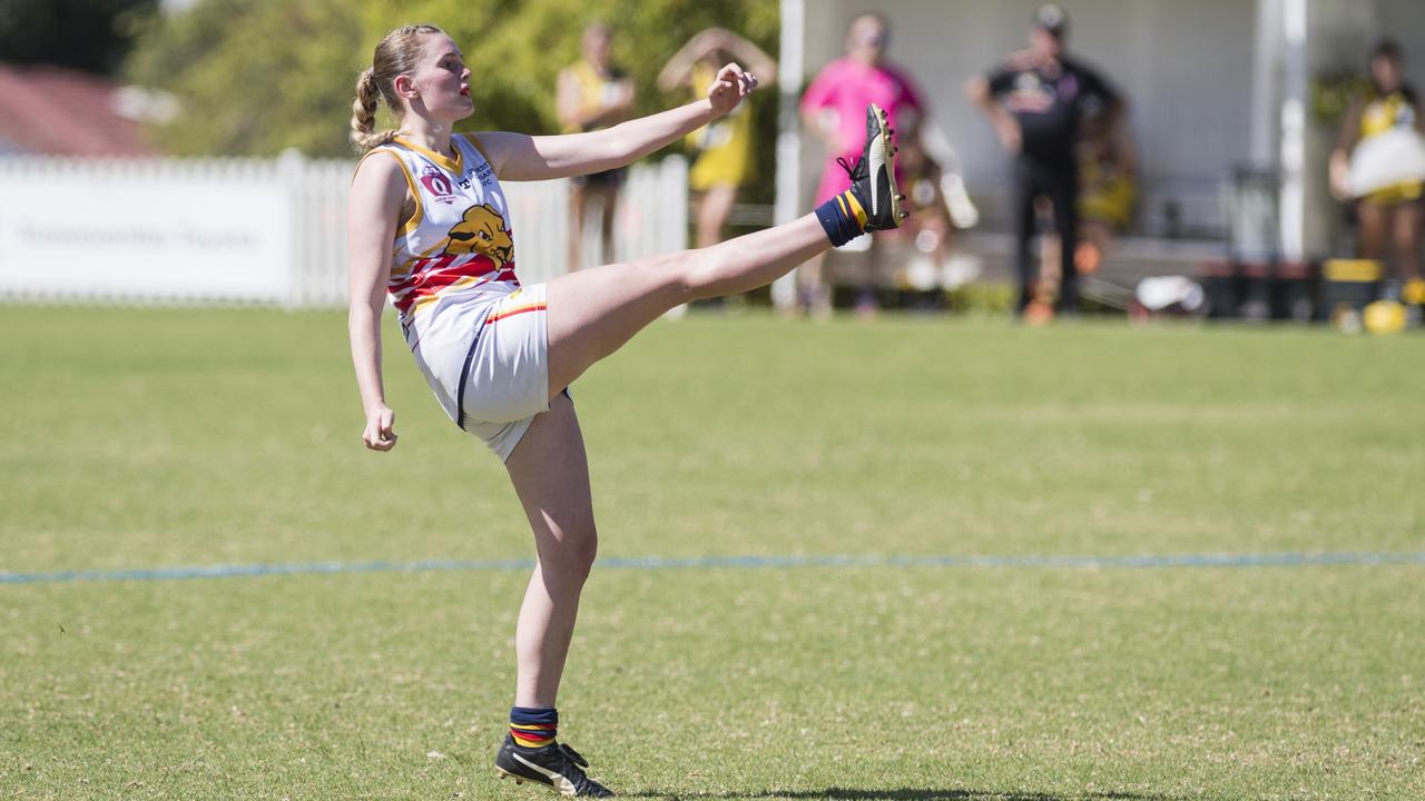 Lilly Wormald of University Cougars against Toowoomba Tigers in AFL Darling Downs Toowoomba Toyota Cup senior women grand final at Rockville Park, Saturday, September 2, 2023. Picture: Kevin Farmer