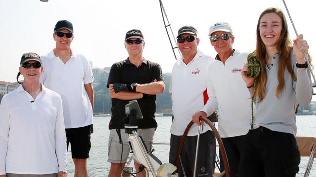 Katherine Shannon with crewmates on Sweet Chariot. Pic: Mark Scott.