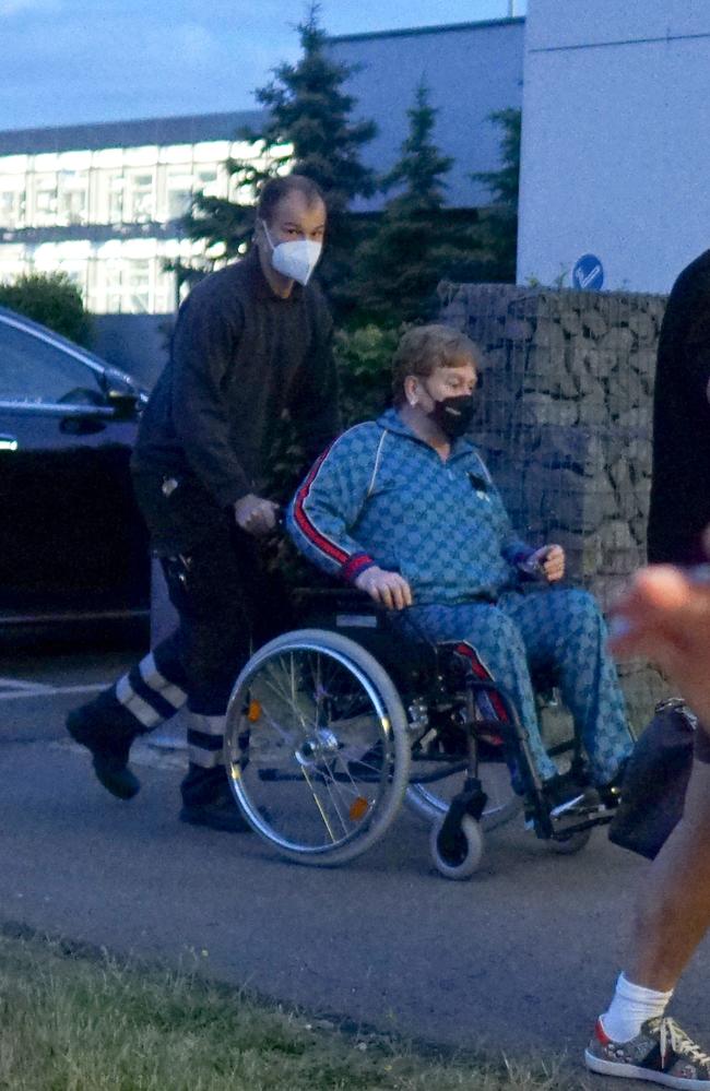 Elton John arriving at Leipzig Airport in a wheelchair after his show. Picture: Splash News/Media Mode