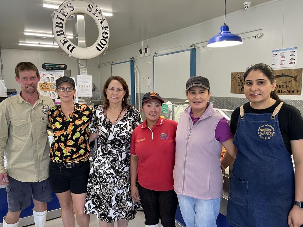 Long-term employees of Debbie’s Seafood Tim Harvey, Kyla Jane, Beth Moore, Hermie Nolan and Harmer Kaur with Debbie Ahern (centre-left). Photo: Zoe Devenport