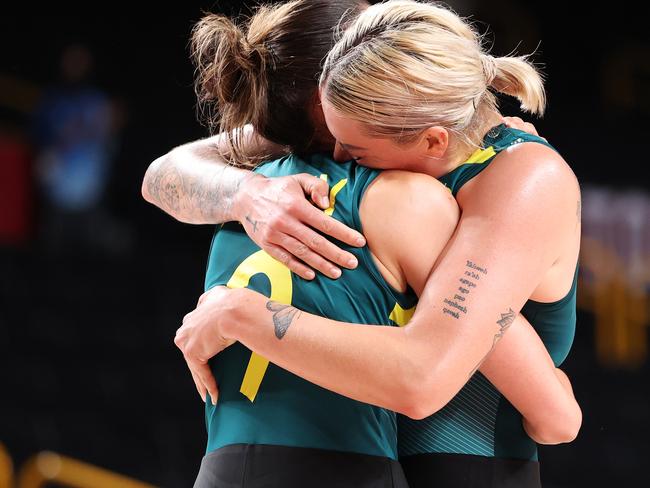 SAITAMA, JAPAN - AUGUST 02: Bec Allen #9 of Team Australia and teammate Cayla George #15 celebrate after defeating Puerto Rico in a Women's Basketball Preliminary Round Group C game on day ten of the Tokyo 2020 Olympic Games at Saitama Super Arena on August 02, 2021 in Saitama, Japan. (Photo by Gregory Shamus/Getty Images)