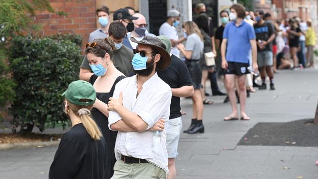 Line-ups for Covid-19 testing clinic on a Redfern street on Wednesday. Picture: Jeremy Piper