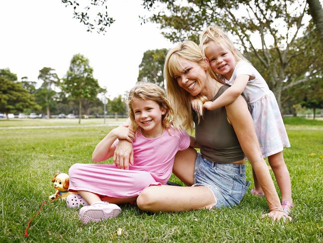 Brittan Guthridge in Centennial Park with daughters Mackenzie and Quinn. Picture: Sam Ruttyn