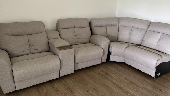 The sofa delivered from The Custom Sofa Centre, which Ms Corbett claims is missing an additional seat. Picture: Denise Corbett