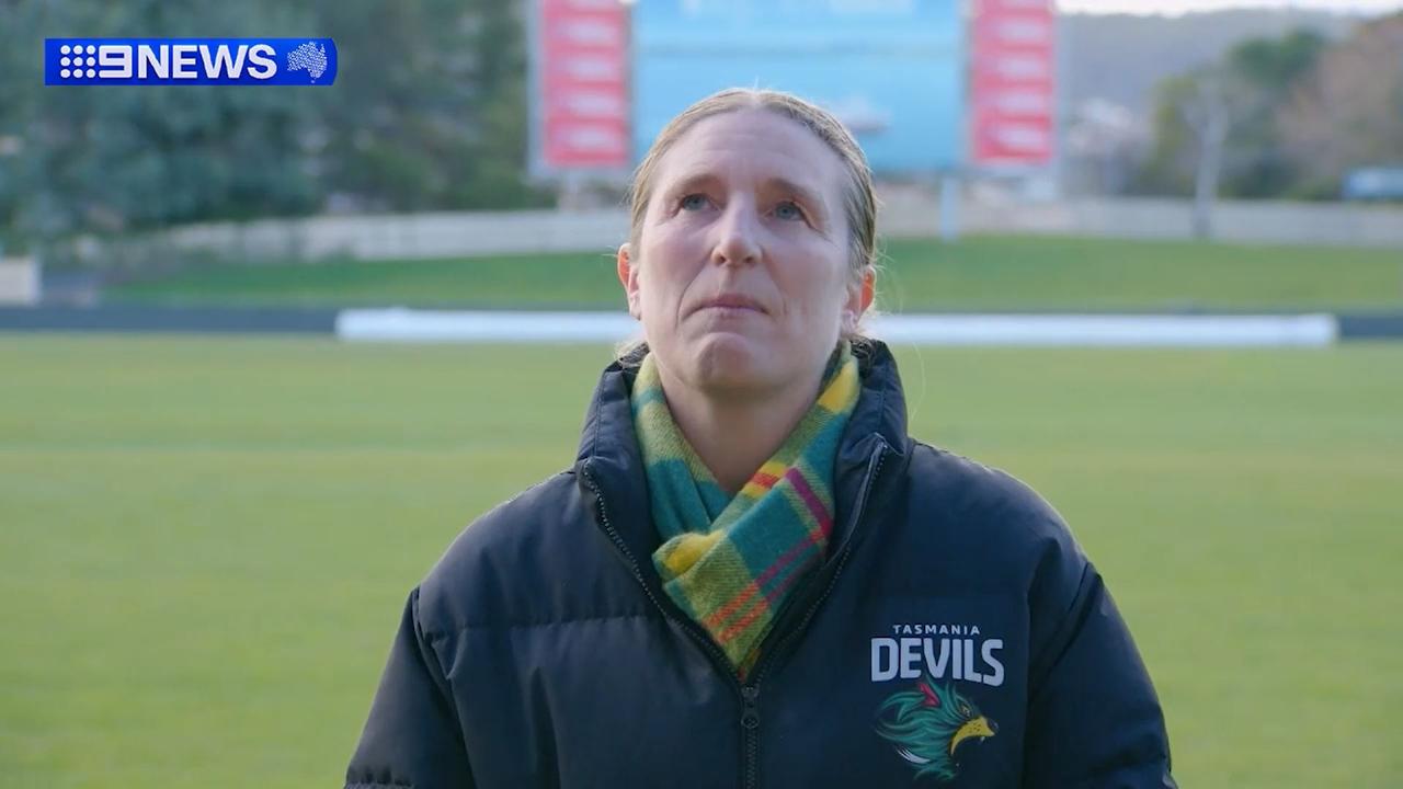 Kath McCann, the Tasmanian Devils’ general manager of marketing, corporate affairs and social impact, breaks down during a media event on Wednesday morning in Hobart. Picture: Nine