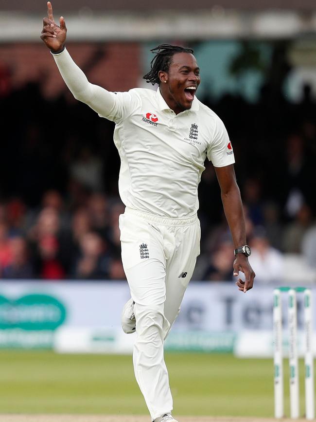 England’s Jofra Archer celebrates after taking the wicket of Australia's Usman Khawaja during play on the fifth day. Picture: AFP