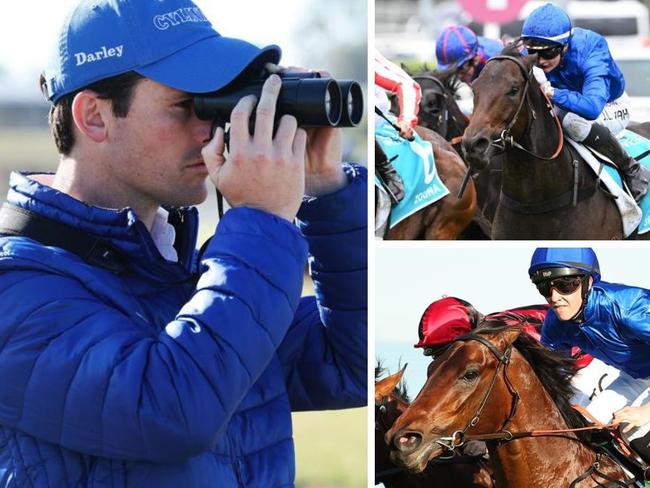 (Clockwise from left): Godolphin trainer James Cummings, Broadsiding and Traffic Warden. Main Picture: Rohan Kelly