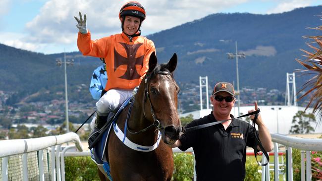 Siggy Carr celebrates her 300th winner abroad outsider Sentry Duty trained by Adrian Duggan. Pic: Tasracing