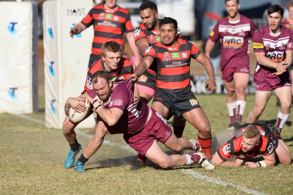 Xavier Manley crosses for a Dalby Diehards try against Valleys Roosters in TRL Premiership qualifying final rugby league at Glenholme Park, Sunday, August 12, 2018. Picture: Kevin Farmer