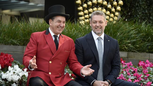 Doorman Vincenzo Iaconis and new chief executive Ciaran Carruthers at Crown in Melbourne. Picture: Andrew Henshaw