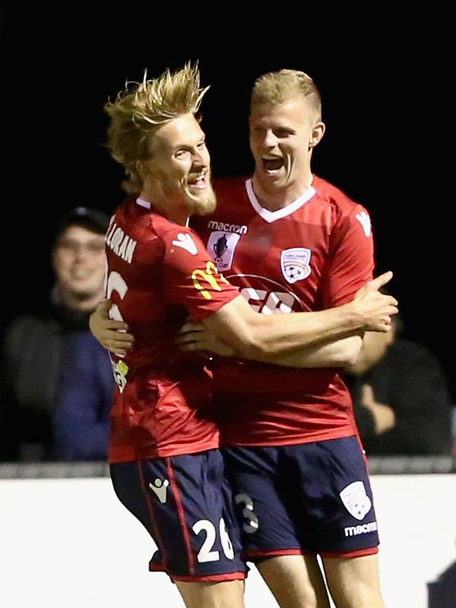 Ben Halloran celebrates Jordan Elsey’s second-half goal against Bentleigh Greens SC. Picture: Robert Prezioso/Getty Images