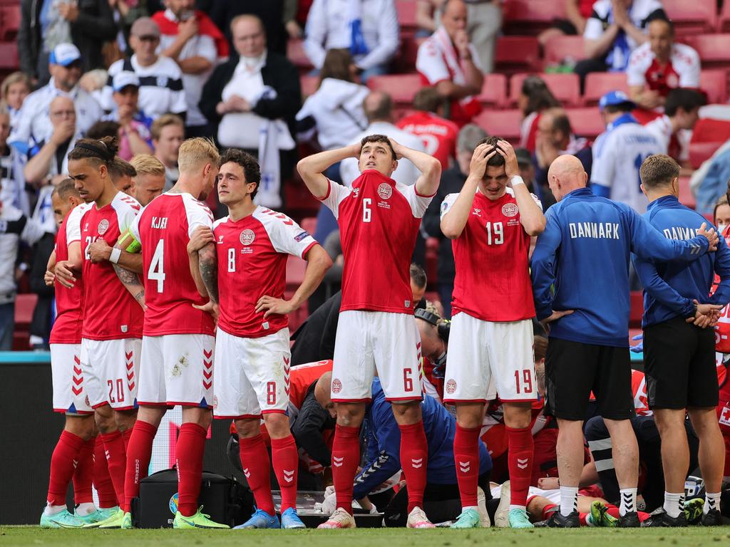 Eriksen’s teammates were distraught during the nightmarish scenes.