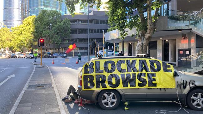 Disrupt Burrup Hub protesters blocked off a busy Perth street on Monday morning. Picture: Disrupt Burrup Hub