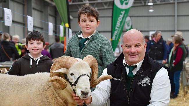 Vice president of the Bendigo Sheep and Wool show Jason O’Loghlin from Ologhlin Wiltshire horns at Blighty, NSW with his children Henry, 5, and Justin, 8, and one of their rams. Picture: Zoe Phillips