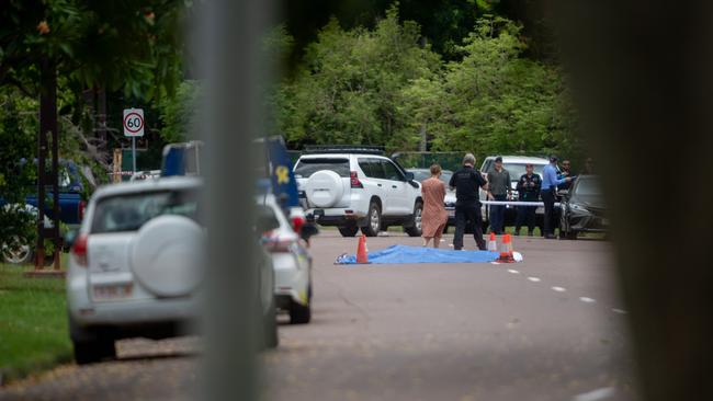 Police conduct their investigations near the scene of the incident in Jingili. Picture: Che Chorley