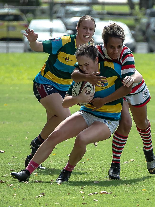 Kaitlan Woods going to ground after a solid run. Picture: Chris Lodge