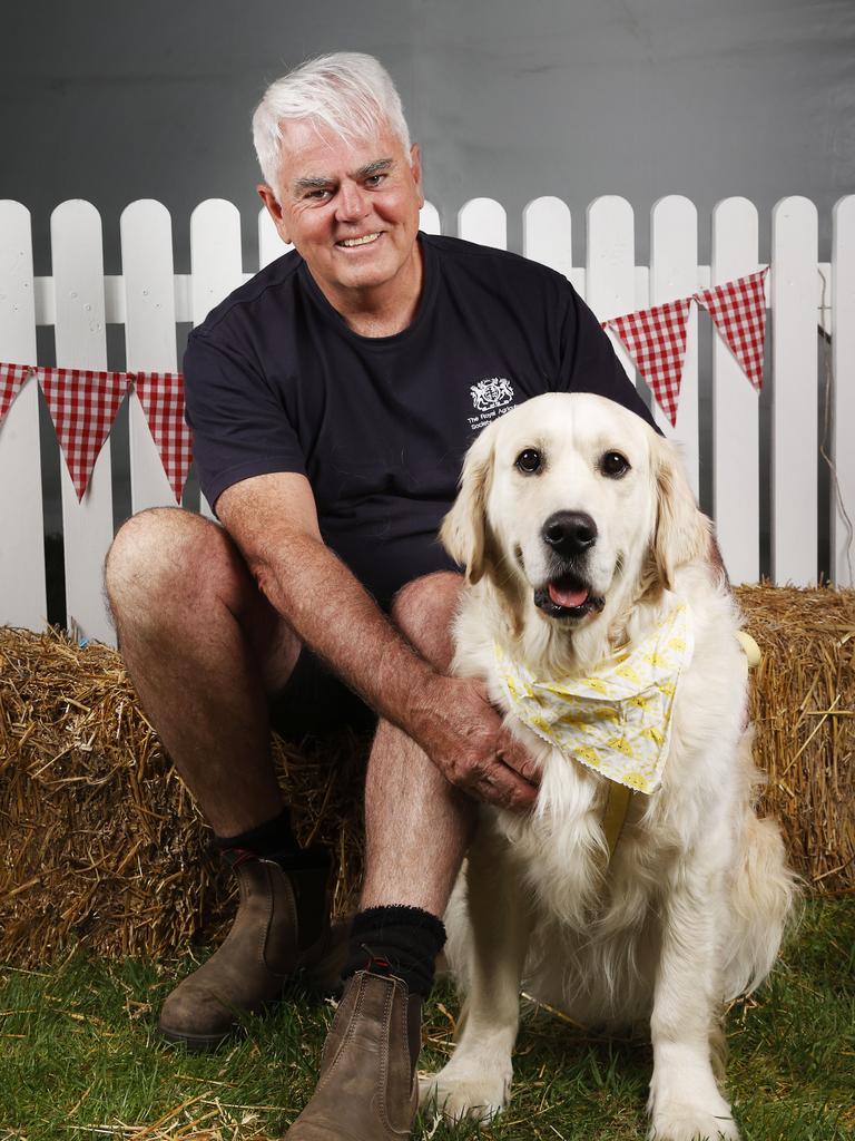 Scott Gadd CEO Royal Agricultural Society of Tasmania with Wilby the golden retriever who is the pet parade ambassador for 2024. Royal Hobart Show preview. Picture: Nikki Davis-Jones