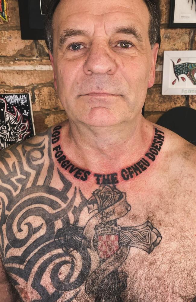 Former CFMEU boss John Setka shows off new ink with a tattoo reading, God Forgives The CFMEU Doesn’t, on his neck. Supplied